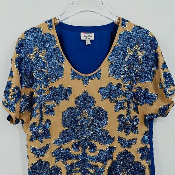 Tracy Reese for Target Small Tan & Blue Sequin Patterned Short Sleeve Blouse Top - Picture 2 of 7